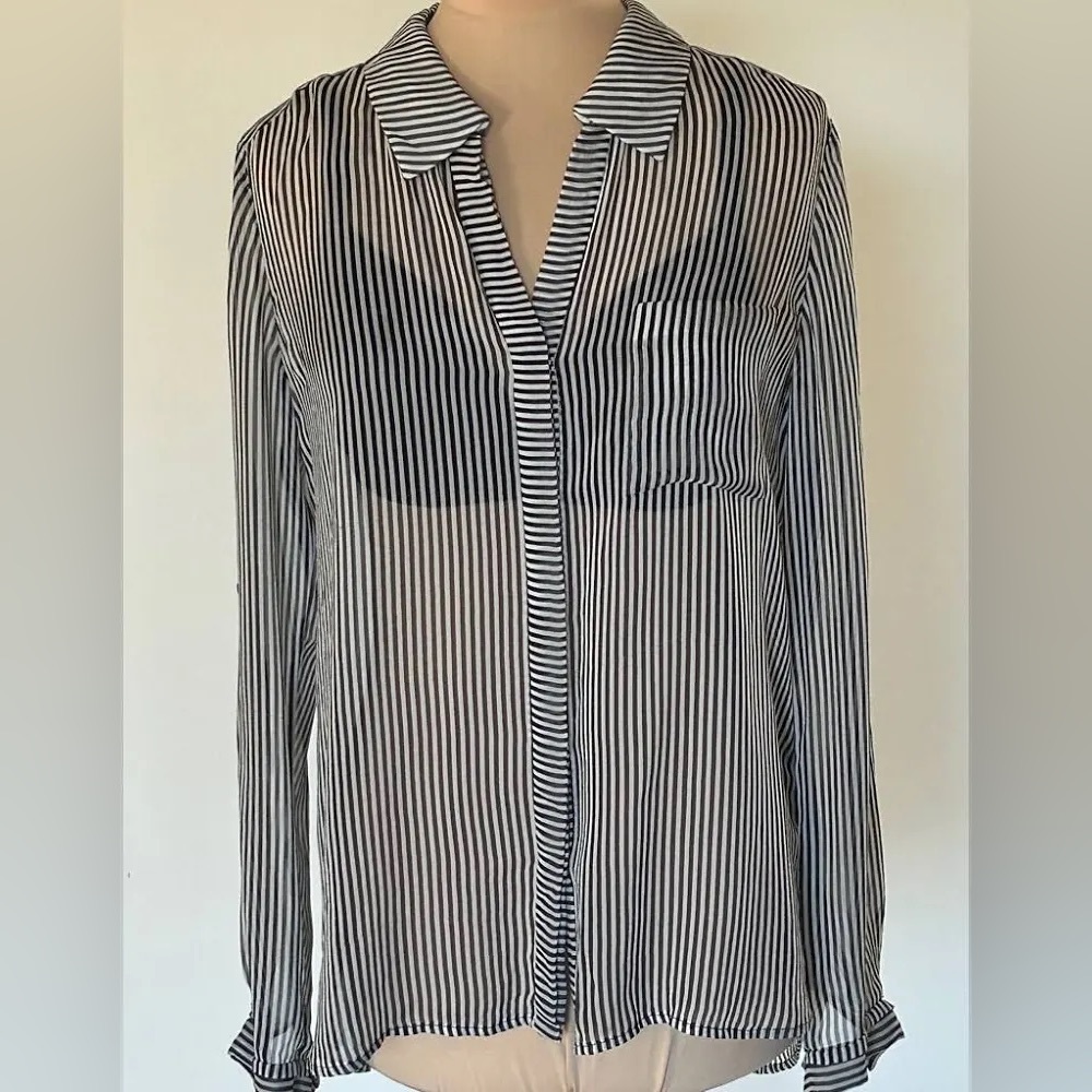 DVF Diane Von Furstenberg Lorelei Two Black/White Silk Striped SheerBlouse Sz.10 - Picture 7 of 9
